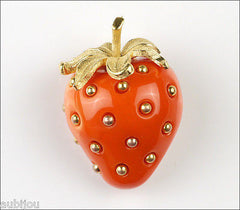 Vintage Crown Trifari Faux Coral Lucite Strawberry Fruit Brooch Pin 1960's Retro