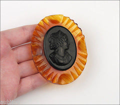 Vintage Carved Apple Juice Amber Lucite Celluloid Cameo Brooch Pin Set Earrings 1950's