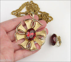 Vintage Crown Trifari Heraldic Cross Siam Red Rhinestone Set Pendant Earrings 1960's