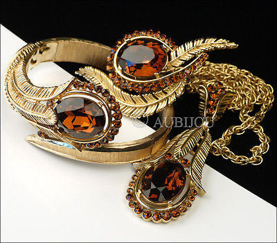 Vintage Trifari Smoked Topaz Rhinestone Floral Fern Set Brooch Pin Bracelet Parure