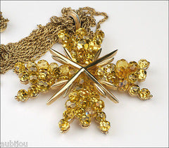 Vintage Trifari Briolette Light Topaz Glass Cross Flower Brooch Pin Set Necklace