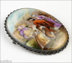 Large Antique Czech Hand Painted Porcelain Brooch Sterling Silver Setting Pin