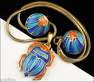 Vintage Crown Trifari Egyptian Revival Enamel Scarab Beetle Pendant Necklace Set