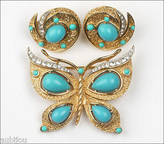 Vintage Trifari Figural Blue Faux Turquoise Butterfly Brooch Pin Set Insect 1960