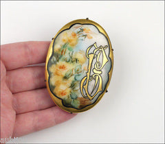 Antique Victorian Porcelain Hand Painted Floral Rose Monogram Flower Brooch Pin