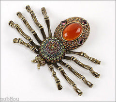 Heidi Daus Figural Faux Carnelian Glass Rhinestone Spider Brooch Pin Web Weaver