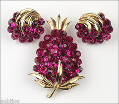 Vintage Trifari Briolette Fuchsia Rhinestone Pineapple Fruit Brooch Pin Set 1960's