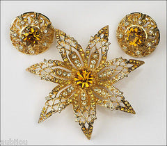 Vintage Signed Art Topaz Jonquil Rhinestone Flower Brooch Pin Set Modeart 1960's