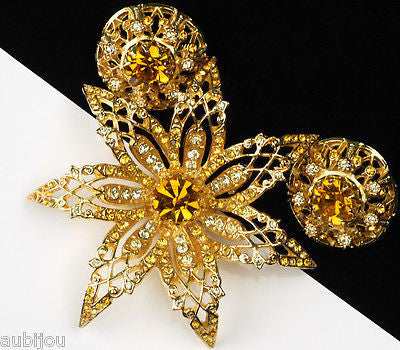 Vintage Signed Art Topaz Jonquil Rhinestone Flower Brooch Pin Set Modeart 1960's