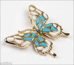 Vintage Trifari Figural White Blue Mosaic Glass Butterfly Insect Brooch Pin Set