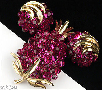 Vintage Trifari Briolette Fuchsia Rhinestone Pineapple Fruit Brooch Pin Set 1960's