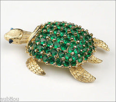 Vintage Trifari Figural Emerald Green Rhinestone Turtle Brooch Pin Trembler Set