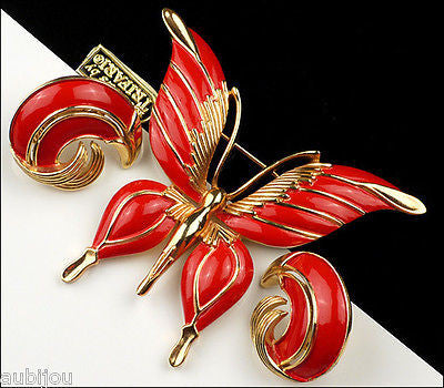 Vintage Crown Trifari Figural Red Enamel Butterfly Insect Brooch Pin Set Earring