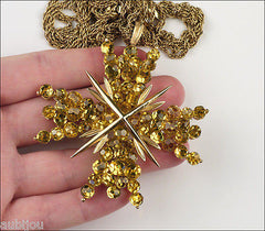 Vintage Trifari Briolette Light Topaz Glass Cross Flower Brooch Pin Set Necklace