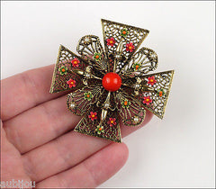 Vintage Signed Art Heraldic Red Enamel Maltese Cross Filigree Brooch Pin Set 1960's