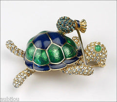 Vintage Ciner Figural Green Blue Enamel Rhinestone Turtle Hobo Brooch Pin Set 1960's