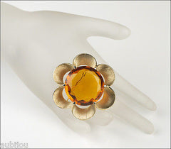 Vintage Crown Trifari Floral Sun Openback Faceted Glass Flower Brooch Pin 1950's
