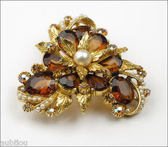 Vintage Signed Art Marked Smoked Topaz Rhinestone Floral Flower Brooch Pin 1960's
