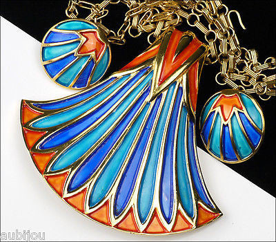 Vintage Crown Trifari Egyptian Revival Blue Enamel Lotus Pendant Necklace Set