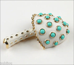 Vintage Crown Trifari White Enamel Turquoise Beads Mushroom Brooch Pin Set 1960's