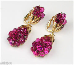 Vintage Trifari Briolette Fuchsia Glass Rhinestone Brooch Pin Set Drop Earrings
