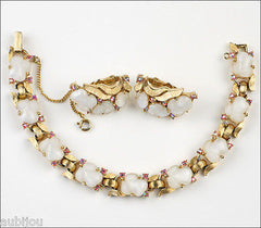 Vintage Trifari Fruit Salad White Moonstone Cabochon Leaf Bracelet Set Earrings