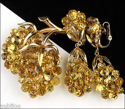 Vintage Trifari Briolette Light Topaz Rhinestone Brooch Pin Set Drop Earrings