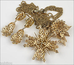 Vintage Trifari Briolette Light Topaz Glass Cross Flower Brooch Pin Set Necklace