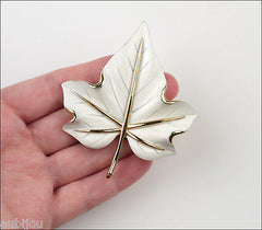 Vintage Crown Trifari White Enamel Floral Leaf Brooch Pin Earrings Set 1960's