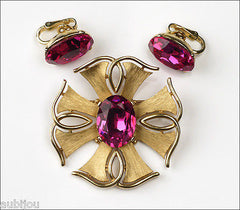Vintage Trifari Heraldic Fuchsia Glass Rhinestone Cross Brooch Pin Set Earrings