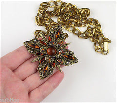 Vintage Signed Art Heraldic Cross Smoked Topaz Rhinestone Brooch Pin Set Pendant 1960's