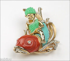 Vintage Unsigned Carnegie Figural Faux Jade Boy Riding Dolphin Fish Brooch Pin