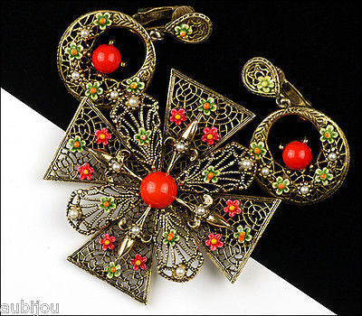 Vintage Signed Art Heraldic Red Enamel Maltese Cross Filigree Brooch Pin Set 1960's