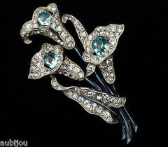 Vintage 1940's Trifari Aquamarine Aqua Pave Rhinestone Calla Lily Brooch Pin Flower