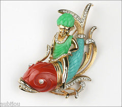 Vintage Unsigned Carnegie Figural Faux Jade Boy Riding Dolphin Fish Brooch Pin