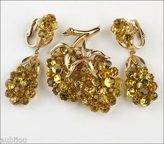 Vintage Trifari Briolette Light Topaz Rhinestone Brooch Pin Set Drop Earrings