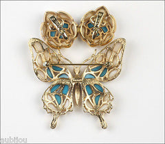 Vintage Trifari Figural White Blue Mosaic Glass Butterfly Insect Brooch Pin Set