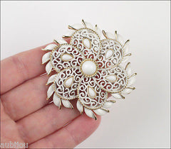 Vintage Crown Trifari White Enamel Cabochon Filigree Lace Flower Brooch Pin Set