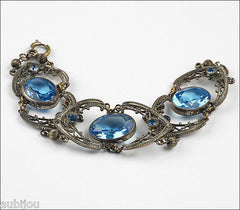 Vintage Czech Sapphire Blue Openback Rhinestone Bracelet Earrings Set 1920's