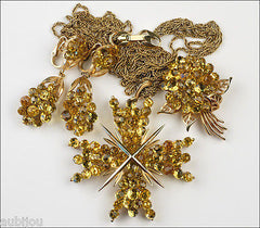 Vintage Trifari Briolette Light Topaz Glass Cross Flower Brooch Pin Set Necklace