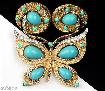 Vintage Trifari Figural Blue Faux Turquoise Butterfly Brooch Pin Set Insect 1960