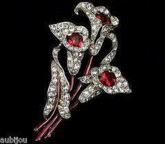 Vintage Trifari 1940's Ruby Red Pave Rhinestone Flower Calla Lily Brooch Pin Spaney