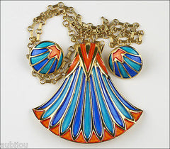 Vintage Crown Trifari Egyptian Revival Blue Enamel Lotus Pendant Necklace Set