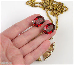 Vintage Crown Trifari Heraldic Cross Siam Red Rhinestone Set Pendant Earrings 1960's