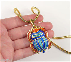 Vintage Crown Trifari Egyptian Revival Enamel Scarab Beetle Pendant Necklace Set