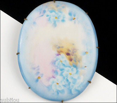 Antique Porcelain Hand Painted Floral Light Blue Forget Me Not Flower Brooch Pin