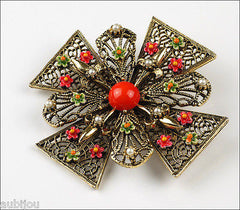 Vintage Signed Art Heraldic Red Enamel Maltese Cross Filigree Brooch Pin Set 1960's
