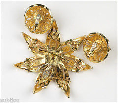 Vintage Signed Art Topaz Jonquil Rhinestone Flower Brooch Pin Set Modeart 1960's