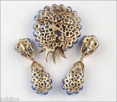 Vintage Trifari Briolette Cobalt Blue Rhinestone Brooch Pin Set Drop Earrings