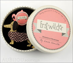Erstwilder Brooch Pin Samuel the Silly Sausage Dachshund Purple Box